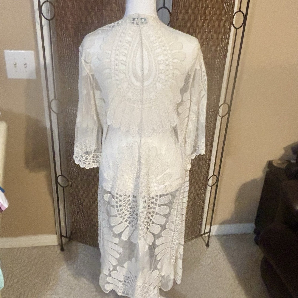 Rebellion Again Sz S Ivory Lace Sheer Kimono Duster Cardigan Boho Embroidered - Picture 4 of 12